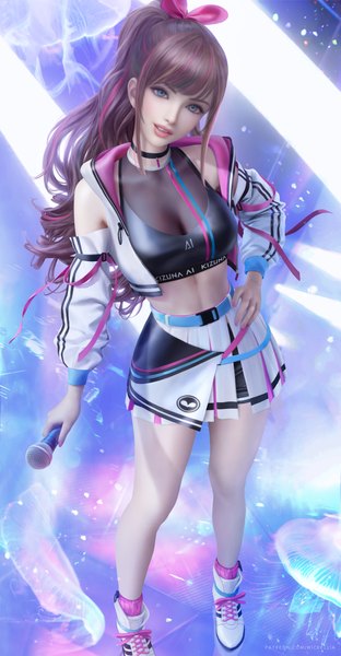 Anime-Bild 3900x7500 mit a.i. channel kizuna ai wickellia single long hair tall image looking at viewer fringe highres breasts blue eyes light erotic large breasts standing holding signed payot absurdres full body ponytail
