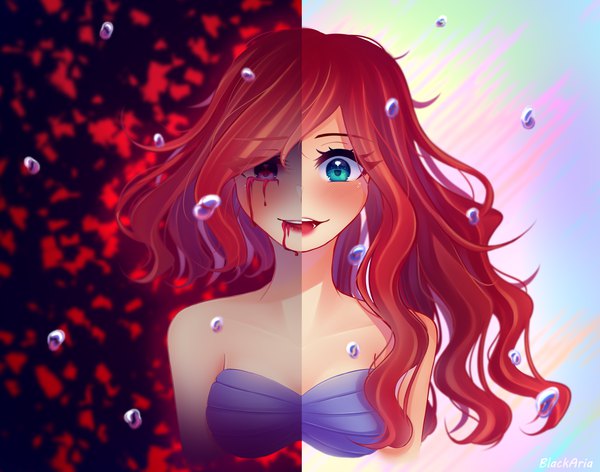 Anime picture 3340x2628 with the little mermaid disney ariel alterka long hair looking at viewer blush fringe highres short hair breasts open mouth blue eyes smile absurdres red hair wavy hair dual persona blood on face crazy smile