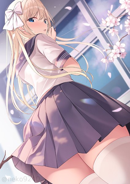 Anime picture 636x900 with original nekokobushi single long hair tall image blush fringe open mouth blue eyes light erotic blonde hair hair between eyes standing signed payot indoors pleated skirt looking back from behind from below