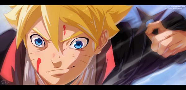 Anime picture 1300x634 with naruto studio pierrot naruto (series) uzumaki boruto i-azu single short hair blue eyes blonde hair smile wide image sky coloring facial mark letterboxed close-up face whisker markings boy weapon