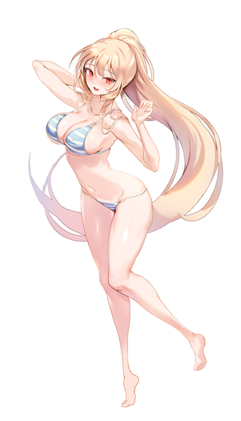 Anime picture 2100x3667 with original zerocat single long hair tall image looking at viewer fringe highres breasts open mouth light erotic simple background blonde hair smile red eyes large breasts standing white background payot ponytail