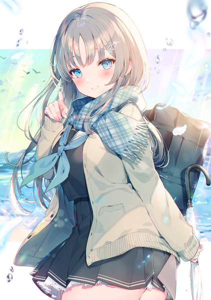 Anime picture 2934x4172 with original kat (bu-kunn) single long hair tall image looking at viewer blush fringe highres blue eyes smile standing holding sky outdoors blunt bangs long sleeves nail polish parted lips pleated skirt