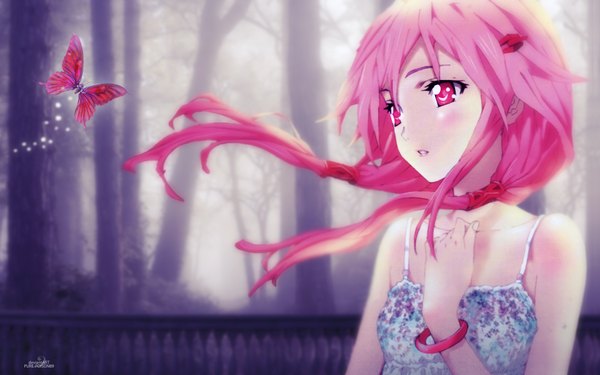 Anime picture 1920x1200 with guilty crown production i.g yuzuriha inori pure-poison89 single long hair blush fringe highres red eyes twintails looking away pink hair fingernails low twintails glow girl hair ornament bracelet hairclip