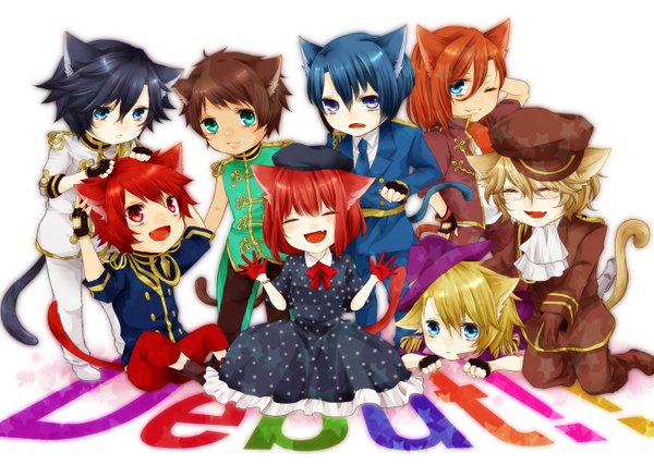 Anime picture 1433x1020 with uta no prince-sama a-1 pictures jinguji ren hijirikawa masato ichinose tokiya nanami haruka (uta no prince-sama) ittoki otoya kurusu shou shinomiya natsuki aijima cecil short hair open mouth blue eyes black hair blonde hair simple background red eyes brown hair standing white background