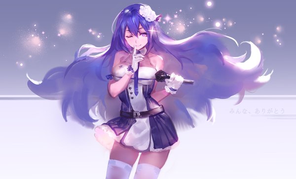 Anime picture 1320x800 with original pixiv fantasia pixiv fantasia t kishiyo single long hair smile wide image purple eyes bare shoulders blue hair one eye closed wind wink rei no himo girl thighhighs dress gloves hair ornament