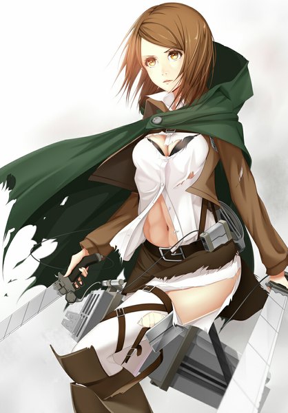 Anime picture 800x1148 with shingeki no kyojin production i.g petra ral koyaya (sorano) single tall image looking at viewer short hair brown hair holding brown eyes open clothes open jacket torn clothes dual wielding girl navel weapon shirt sword