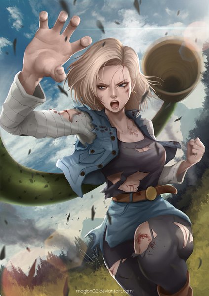 Anime picture 750x1061 with dragon ball dragon ball z android 18 magion02 single tall image short hair open mouth blue eyes blonde hair looking away sky cloud (clouds) outdoors tail realistic torn clothes watermark smoke fighting stance