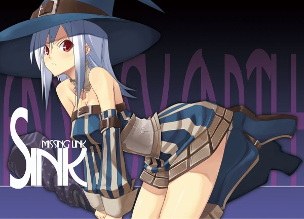 Anime picture 1200x865 with fantasy earth zero shingo (missing link) single long hair looking at viewer fringe hair between eyes red eyes blue hair witch girl hat detached sleeves belt detached collar witch hat