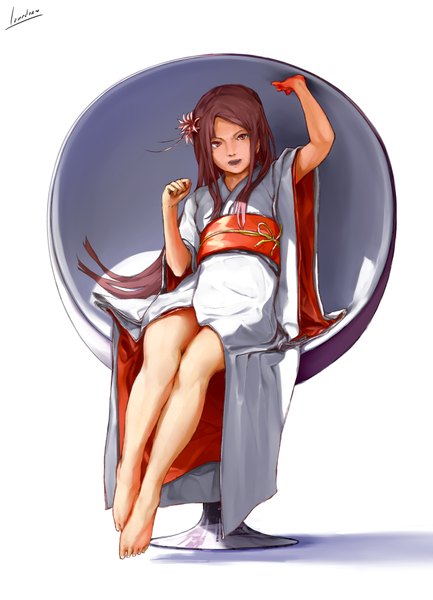 Anime picture 1445x2000 with original loundraw single long hair tall image looking at viewer open mouth simple background brown hair white background sitting brown eyes signed traditional clothes japanese clothes barefoot hair flower teeth shadow no shoes