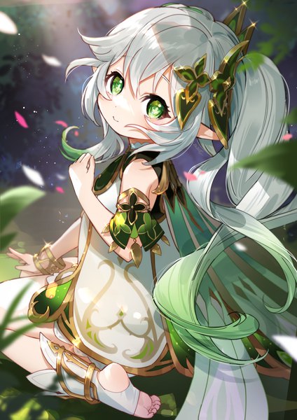Anime picture 1000x1415 with genshin impact nahida (genshin impact) nima (niru54) single long hair tall image looking at viewer fringe smile hair between eyes sitting silver hair from above pointy ears side ponytail wariza girl dress hair ornament