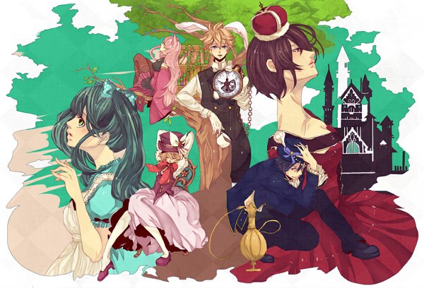 Anime picture 1100x748 with alice in wonderland vocaloid hatsune miku megurine luka kagamine rin kagamine len kaito (vocaloid) meiko alice (wonderland) white rabbit cheshire cat queen of hearts mad hatter caterpillar (wonderland) ichi tsuitta long hair short hair blue eyes blonde hair brown hair