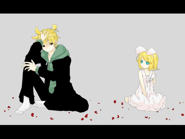 Anime picture 1600x1200 with vocaloid kagamine rin kagamine len fringe short hair blonde hair hair between eyes sitting looking away full body bent knee (knees) barefoot aqua eyes black eyes grey background no shoes wariza letterboxed hand on head eye contact