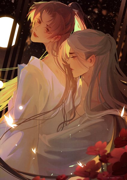 Anime picture 2480x3508 with zm-panda- long hair tall image blush fringe highres smile brown hair signed looking away silver hair outdoors ponytail long sleeves profile lips wide sleeves multiple boys orange eyes hug