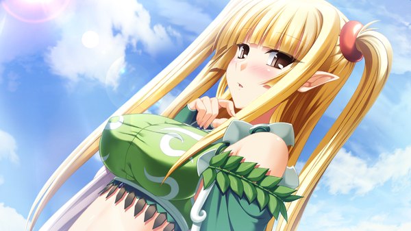 Anime picture 1024x576 with kamidori alchemy meister seravalwie endorse servalwi endoss (serawi) long hair blush blonde hair wide image twintails brown eyes game cg pointy ears girl