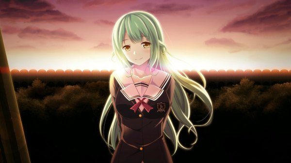 Anime picture 1280x720 with 11gatsu no arcadia hoshizaki kokone hayakawa harui single long hair blush fringe breasts wide image large breasts standing yellow eyes sky cloud (clouds) green hair evening sunset hands behind back girl uniform