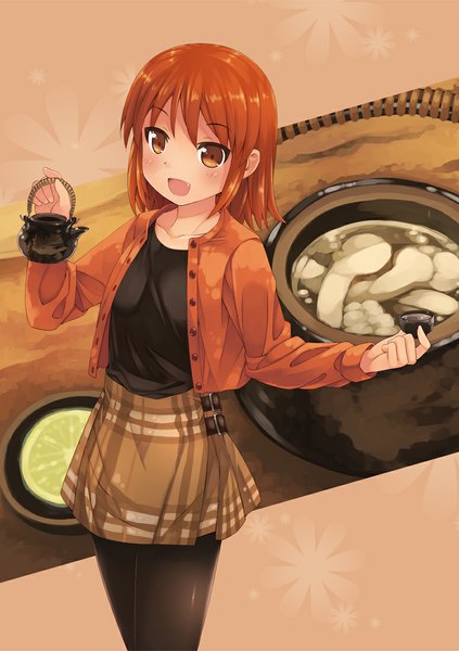 Anime picture 775x1100 with original akatsuki miho kouno hikaru single tall image looking at viewer blush short hair open mouth orange hair orange eyes girl skirt pantyhose food jacket black pantyhose