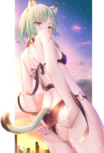 Anime picture 2000x2923 with arknights kal'tsit (arknights) amaroku neko single tall image looking at viewer highres short hair light erotic green eyes animal ears sky cloud (clouds) ass tail animal tail green hair cat ears from below cat girl