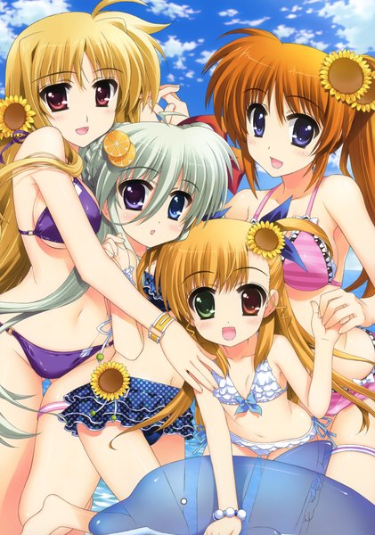 Anime picture 2456x3500 with mahou shoujo lyrical nanoha fate testarossa takamachi nanoha takamachi vivio einhart stratos fujima takuya long hair tall image highres light erotic blonde hair red eyes purple eyes multiple girls white hair ponytail orange hair loli heterochromia girl