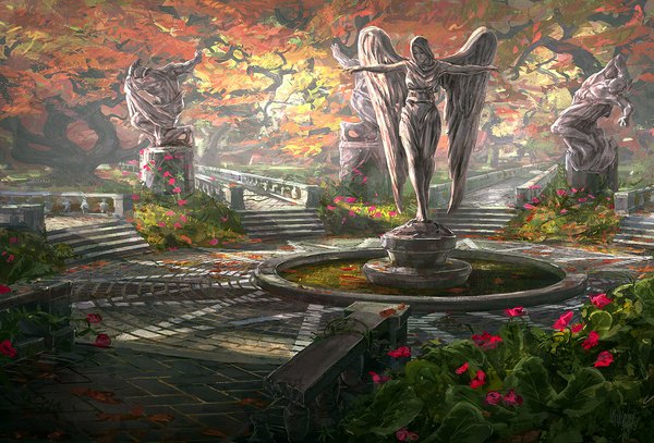 Anime picture 1178x800 with original wallpaper spread arms autumn flower (flowers) plant (plants) wings tree (trees) road statue garden