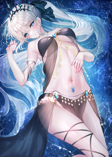 Anime picture 2591x3624 with fate (series) fate/grand order morgan le fay (fate) chiachun0621 single tall image looking at viewer blush fringe highres breasts blue eyes light erotic hair between eyes large breasts payot silver hair ponytail lying very long hair