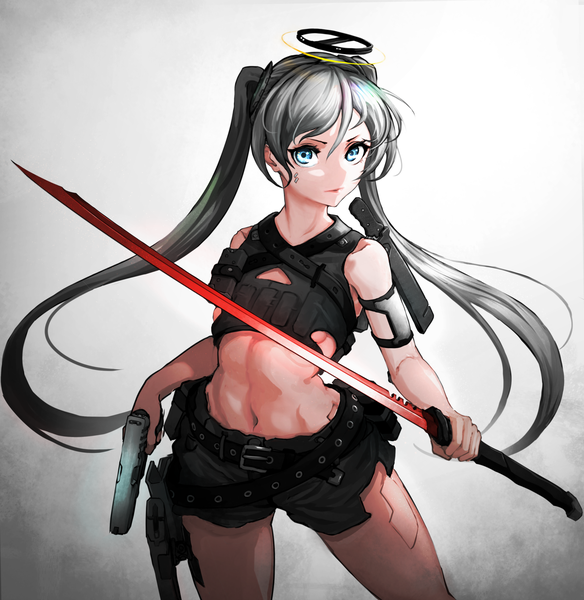 Anime picture 2900x2982 with original asagon007 single long hair tall image looking at viewer fringe highres breasts blue eyes hair between eyes standing twintails holding grey hair gradient background girl navel hair ornament weapon