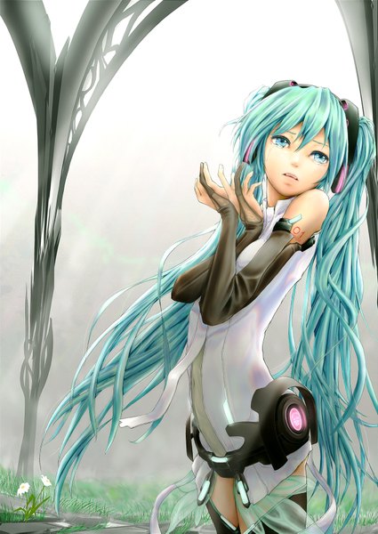 Anime picture 1254x1771 with vocaloid vocaloid append hatsune miku hatsune miku (append) museum2088 single long hair tall image open mouth blue eyes twintails bare shoulders wind aqua hair tattoo tears glowing hands clasped girl gloves