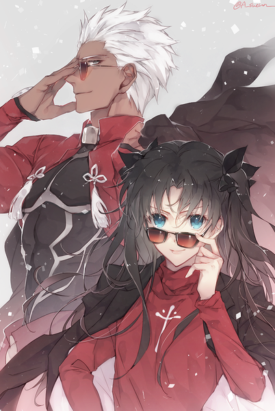 Anime picture 815x1215 with fate (series) fate/stay night toosaka rin archer (fate) sueun long hair tall image looking at viewer short hair blue eyes black hair smile signed white hair profile two side up hand on hip twitter username clothes on shoulders adjusting sunglasses