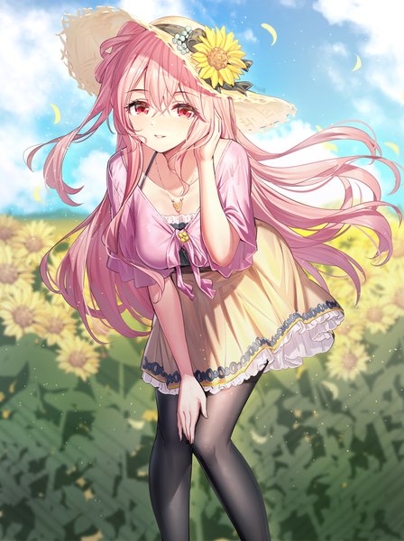 Anime-Bild 900x1205 mit original emily stock ririko (zhuoyandesailaer) single long hair tall image looking at viewer blush fringe smile hair between eyes red eyes standing pink hair sky cloud (clouds) parted lips arm up wind leaning
