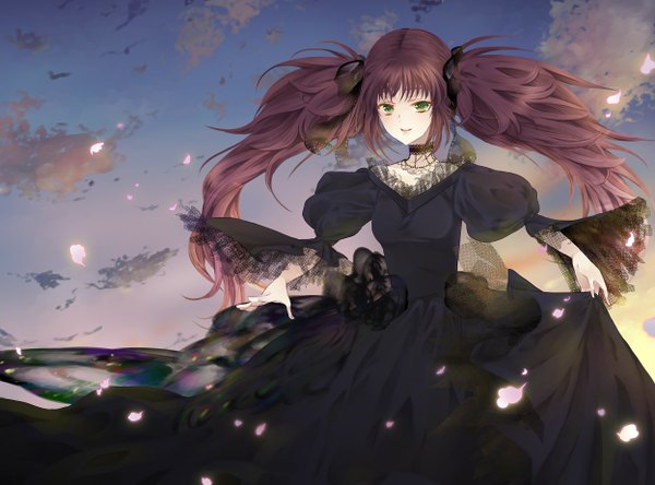 Anime picture 1248x924 with brown hair green eyes gothic girl dress black dress