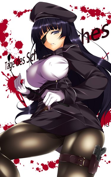 Anime picture 940x1500 with original watanuki kaname single long hair tall image looking at viewer blush breasts light erotic simple background large breasts white background purple eyes purple hair mole mole under mouth blood stains girl gloves weapon