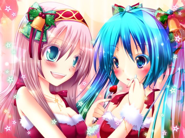 Anime picture 2000x1500 with vocaloid hatsune miku megurine luka meiya neon highres christmas girl