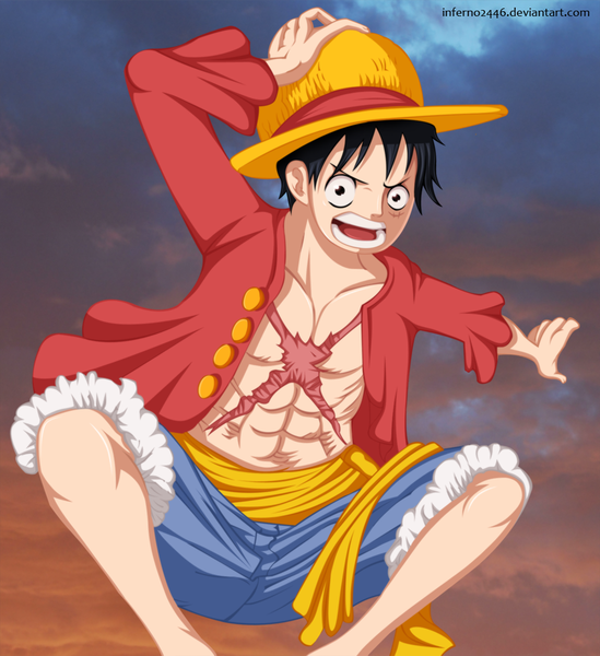 Anime picture 1000x1093 with one piece toei animation monkey d. luffy inferno2446 single tall image short hair open mouth black hair sky cloud (clouds) black eyes coloring scar squat muscle angry boy hat shorts