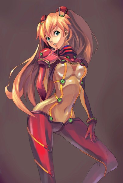 Anime picture 715x1060 with neon genesis evangelion gainax soryu asuka langley diet sence single long hair tall image looking at viewer fringe breasts blue eyes simple background standing twintails orange hair finger to mouth brown background girl gloves uniform