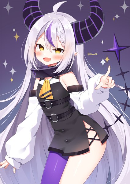 Anime picture 708x1000 with virtual youtuber hololive la+ darknesss la+ darknesss (1st costume) mauve single tall image looking at viewer blush fringe open mouth light erotic hair between eyes signed yellow eyes silver hair ahoge tail very long hair :d