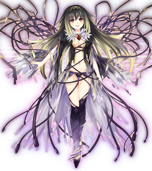 Anime picture 1280x1440 with date a live arusu maria tsunako single long hair tall image looking at viewer blush breasts open mouth light erotic black hair smile :d multicolored hair no bra two-tone hair official art bare belly center opening