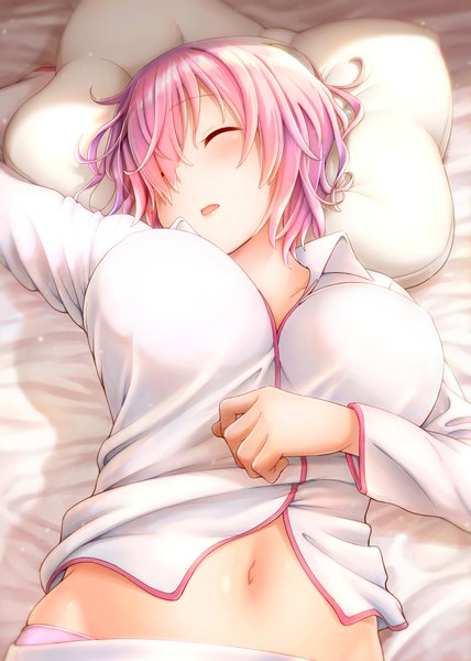 Anime picture 713x1000 with fate (series) fate/grand order mash kyrielight otonari single tall image blush fringe short hair breasts open mouth light erotic large breasts pink hair upper body indoors lying eyes closed head tilt arm up