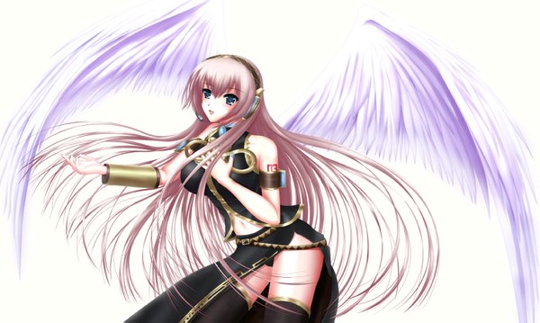 Anime picture 1600x959 with vocaloid megurine luka nohoho (kakikonchi) single long hair blush blue eyes simple background wide image white background pink hair midriff girl thighhighs skirt navel black thighhighs miniskirt wings headphones