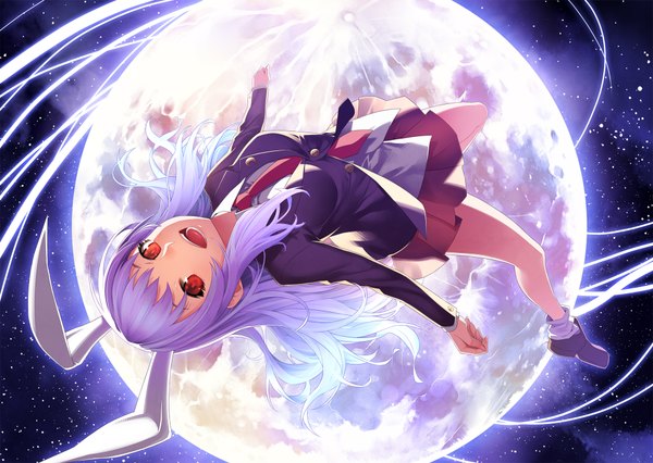 Anime picture 2000x1422 with touhou reisen udongein inaba kunieda single long hair looking at viewer fringe highres breasts open mouth animal ears purple hair pleated skirt bunny ears happy bunny girl flying girl skirt miniskirt