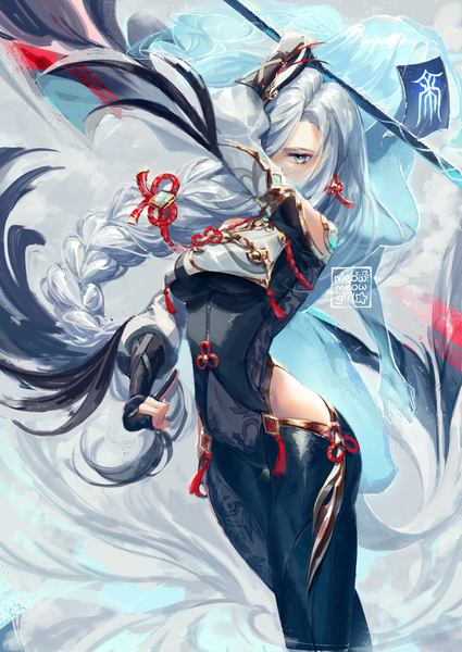 Anime picture 3507x4950 with genshin impact shenhe (genshin impact) meowmeowgirl single long hair tall image looking at viewer fringe highres signed absurdres silver hair braid (braids) arm up hair over one eye single braid silver eyes girl earrings bodysuit