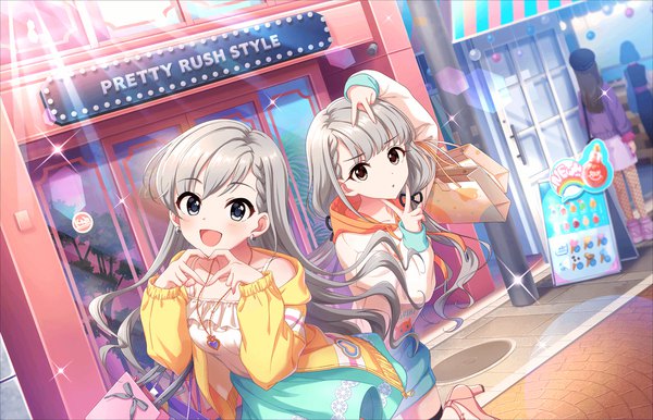 Anime picture 1280x824 with idolmaster idolmaster cinderella girls idolmaster cinderella girls starlight stage hisakawa hayate hisakawa nagi annindoufu (oicon) long hair looking at viewer blush fringe open mouth smile hair between eyes multiple girls yellow eyes outdoors braid (braids) grey hair black eyes sunlight