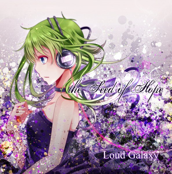 Anime picture 1500x1516 with vocaloid gumi nou single tall image short hair blue eyes bare shoulders profile green hair inscription girl dress headphones black dress wire (wires)