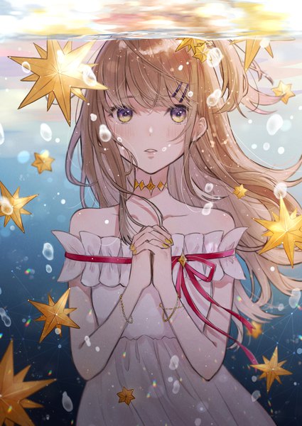 Anime picture 1300x1836 with original necojishi single long hair tall image looking at viewer blush fringe brown hair bare shoulders blunt bangs nail polish one side up underwater hands clasped multicolored eyes interlocked fingers yellow nail polish girl dress