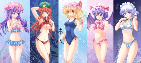 Anime picture 5199x2361 with touhou flandre scarlet remilia scarlet izayoi sakuya patchouli knowledge hong meiling pico (picollector79) highres light erotic wide image underboob girl swimsuit bikini red bikini