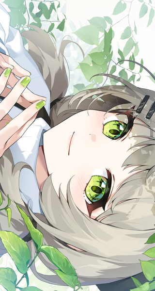 Anime picture 800x1500 with virtual youtuber waktaverse viichan cika k single long hair tall image looking at viewer blush green eyes nail polish light smile grey hair face fingers together sideways girl plant (plants) bobby pin