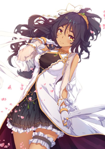 Anime picture 744x1052 with bible bullet vishnu (bible bullet) byakuya reki single long hair tall image looking at viewer fringe breasts black hair simple background smile hair between eyes white background yellow eyes payot cleavage ponytail hair flower light smile