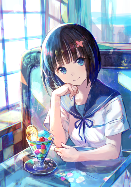 Anime picture 970x1378 with original fuzichoco single tall image looking at viewer fringe short hair blue eyes black hair smile sitting indoors blunt bangs head tilt sunlight shadow reflection hand on face shiny chin rest