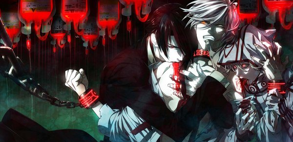 Anime picture 1920x932 with omega vampire (game) moriya keiichi ooizumi genma shizuru hakurou fringe highres short hair light erotic black hair blonde hair red eyes wide image red hair one eye closed multicolored hair fingernails grey hair hair over one eye two-tone hair official art