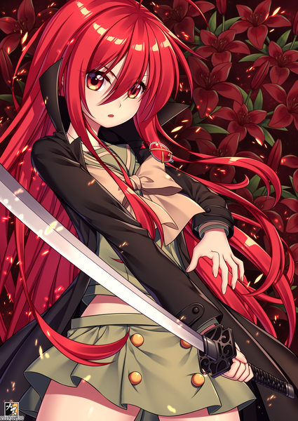 Anime picture 842x1190 with shakugan no shana j.c. staff shana zerg309 single tall image looking at viewer blush fringe hair between eyes red eyes standing holding signed payot outdoors red hair very long hair midriff fighting stance