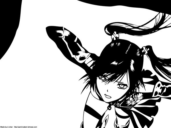 Anime picture 1024x768 with d.gray-man lenalee lee tagme (artist) single long hair fringe open mouth white background twintails monochrome spread arms running girl hair ornament hairclip
