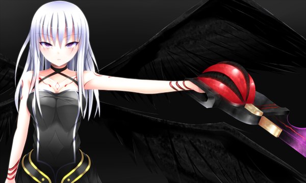 Anime picture 2500x1500 with original isshiki (ffmania7) single long hair looking at viewer highres wide image purple eyes white hair dark background girl dress wings
